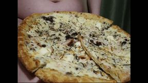 Big belly stuffing with pizza in red lingerie
