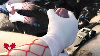 Mistress masturbates my cock with white gloves. I cum while she works my urethra with the dilator.