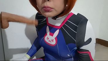 Extended Cut: Trans girl with Dva Cosplay and BDSM Nosehook Giving a Blowjob, Eating Cum and Deepthroat to Big Dildo