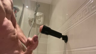 Fucking fleshlight in shower before masturbating lubed big cock to cumshot in bath, hot straight guy