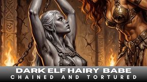 Sexy Dark Elf Warrior woman is chained in a dark dungeon with her hairy unshaven armpits on show on her hard muscled body in Bondage BDSM