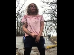 Crossdresser outside jerk off