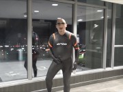 quick walk to hotel elevators in orca wetsuit, silicone mask and massive hardon