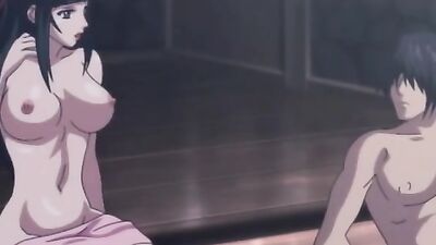 Big tit anime chick gets pounded hard in a spa while her blonde partner watches