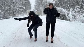 Platform shoes on snow and ice, Zanotti shoes on ice, slippery shoes, girls walking on snow, heelless shoes on snow