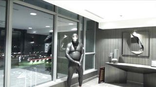 motel vid part six - switched into fresh wetsuit & gasmask frogman shoots a load at elevator windows