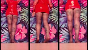 teasing in red latex dress and black pantyhose