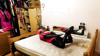 Self Restrain Bondage Armbinder Frog-Tie in vinyl Catsuit and Lycra Gimp Outfit with V-Card Belt and Faux-Cock Locked in Place