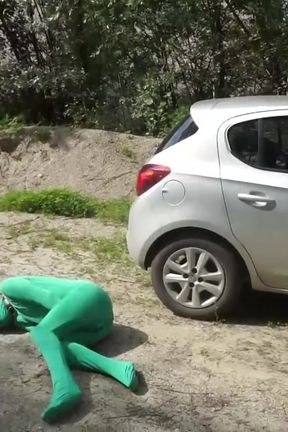 Suited slave gets punished outdoor from femdom chick