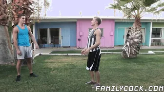 Muscular stepbrothers share a twink in bareback threesome