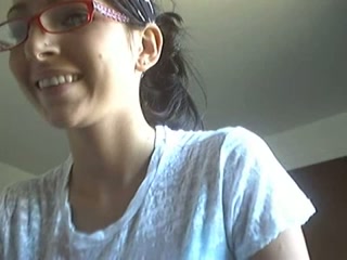 Nerdy brunette cam girl has a dildo to please her own hungry pussy