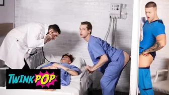Twink nurse Benjamin Blue deepthroats Clark Delgaty's thick cock at a gloryhole