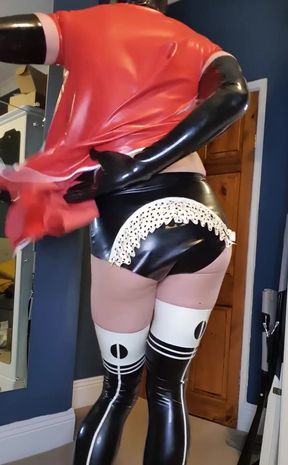 All prepared for my afternoon shift wearing my red latex nurse uniform