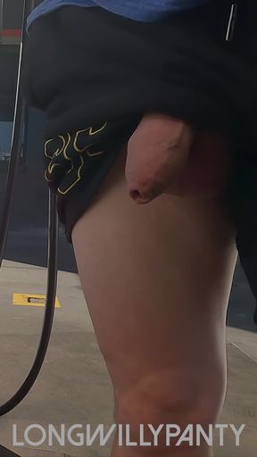 Straight guy flashing his uncut dick at the petrol station