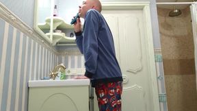 Bald Hunk Shaves Balls Pisses Strokes Massive Wood Cum Gushes Wild