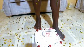 black feet crushing birthday cake barefoot
