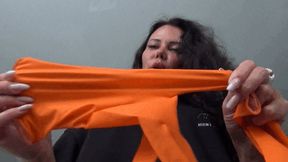 I squeeze your throat with orange rubber gloves cc