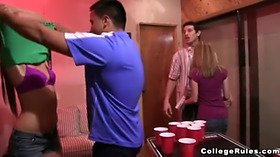 Tight college teen gets a mouthful of pong and blowjobs at a wild party