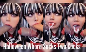 Halloween Whore Sucks Two Cocks