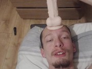 Skinny skinhead gives his dildo a sloppy blowjob and enjoys slapping dildo all around himself