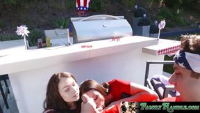 Teen and milf share a big cock blowjob before slut rides it