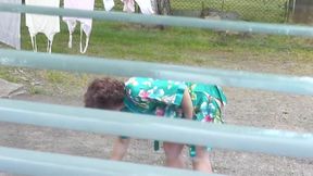 Neighbor In Bathrobe Without Panties And Bra Dries Washing Courtyard Neighbour Watching Out Window