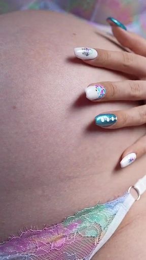 9 Month Pregnant Belly Is Hungry. Teasing & Close up