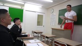 Wedging rock hard in company with muscle japanese jock