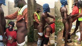 threesome on the with step dad step son and his friend behind a fenced house