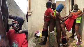 threesome on the with step dad step son and his friend behind a fenced house