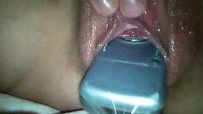 Old cell phone disappears in my kinky babe's pink soaking pussy