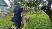 Russian Dominatrix girl Anastasia Mistress without mercy hard fucked strapon her slave man Sasha Earth in the ass outdoor in public near tree pegging