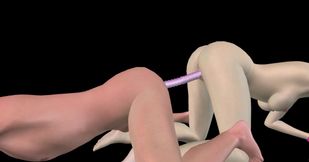 Animated 3D Porn - Beautiful Girl and Asian Man Double Dildo Doggy While Man Stroking