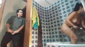 I spy my stepsister in the shower and catches me but she wants sex