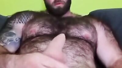 Hairy bears sits in front of the webcam and strokes his cock