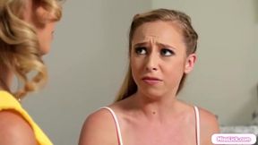 Busty stepmom will teach her virgin stepdaughter how to have sex.The big tits milf is boobsucked while masturbating the petite blonde and facesits her