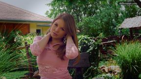 Bewitching Russian teen Alessandra Jane teases her pussy in a garden