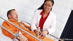 Horny and hot black doctor flashes her tits before patient fucks her mish