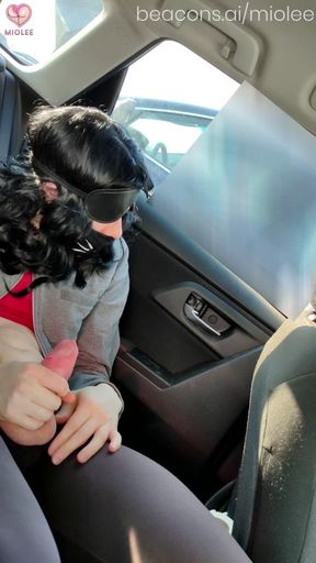 Risky Flashing at a Supermarket Parking Lot With Blindfolds And Cumshot