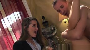 Busty CFNM babes pleasing big stiff cock
