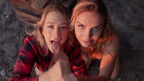 Couple of hot girls give him a blowjob and share cumshot in mouths POV