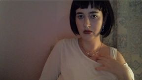 Stripping to topless, tits show and wearing sexy short wig