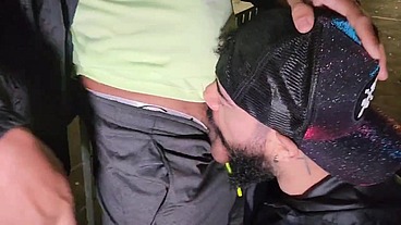 Bahian Stud Gets Double Blowjob from Young Bearded Guy and Grizzled Daddy on Midnight Viaduct