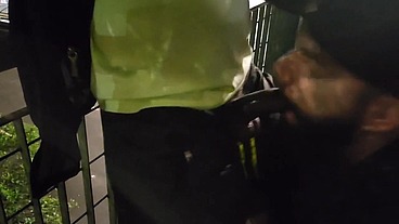 Bahian Stud Gets Double Blowjob from Young Bearded Guy and Grizzled Daddy on Midnight Viaduct