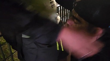 Bahian Stud Gets Double Blowjob from Young Bearded Guy and Grizzled Daddy on Midnight Viaduct