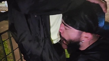 Bahian Stud Gets Double Blowjob from Young Bearded Guy and Grizzled Daddy on Midnight Viaduct
