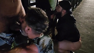 Bahian Stud Gets Double Blowjob from Young Bearded Guy and Grizzled Daddy on Midnight Viaduct