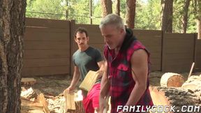 Hunky stepdad spitroasted by stepsons after chopping wood