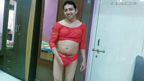 Cute sissy crossdresser femboy Sweet Lollipop in a crop top and pantie.