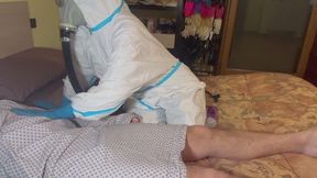 NAUGHTY NURSE NASTYA TREATS HER VERY SICK PATIENT WITH HANDJOB UNTIL HE CUMS USING heavy duty PPE and a gas mask